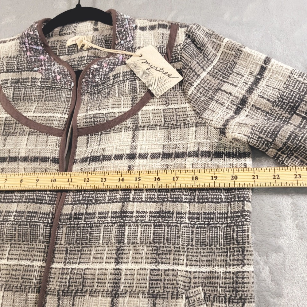 Mystree Womens L 12 NWT Artsy Plaid Tencel Linen Bl. Textured Open Jacket Fall - Picture 5 of 12